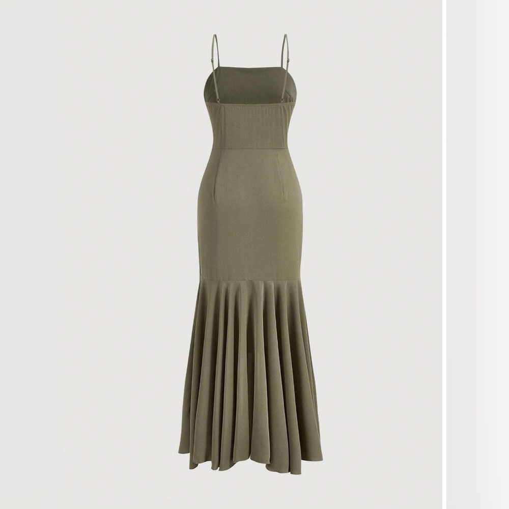 Asymmetrical Hem Ruffle Trim Spaghetti Strap Dress Green - Picture 9 of 14
